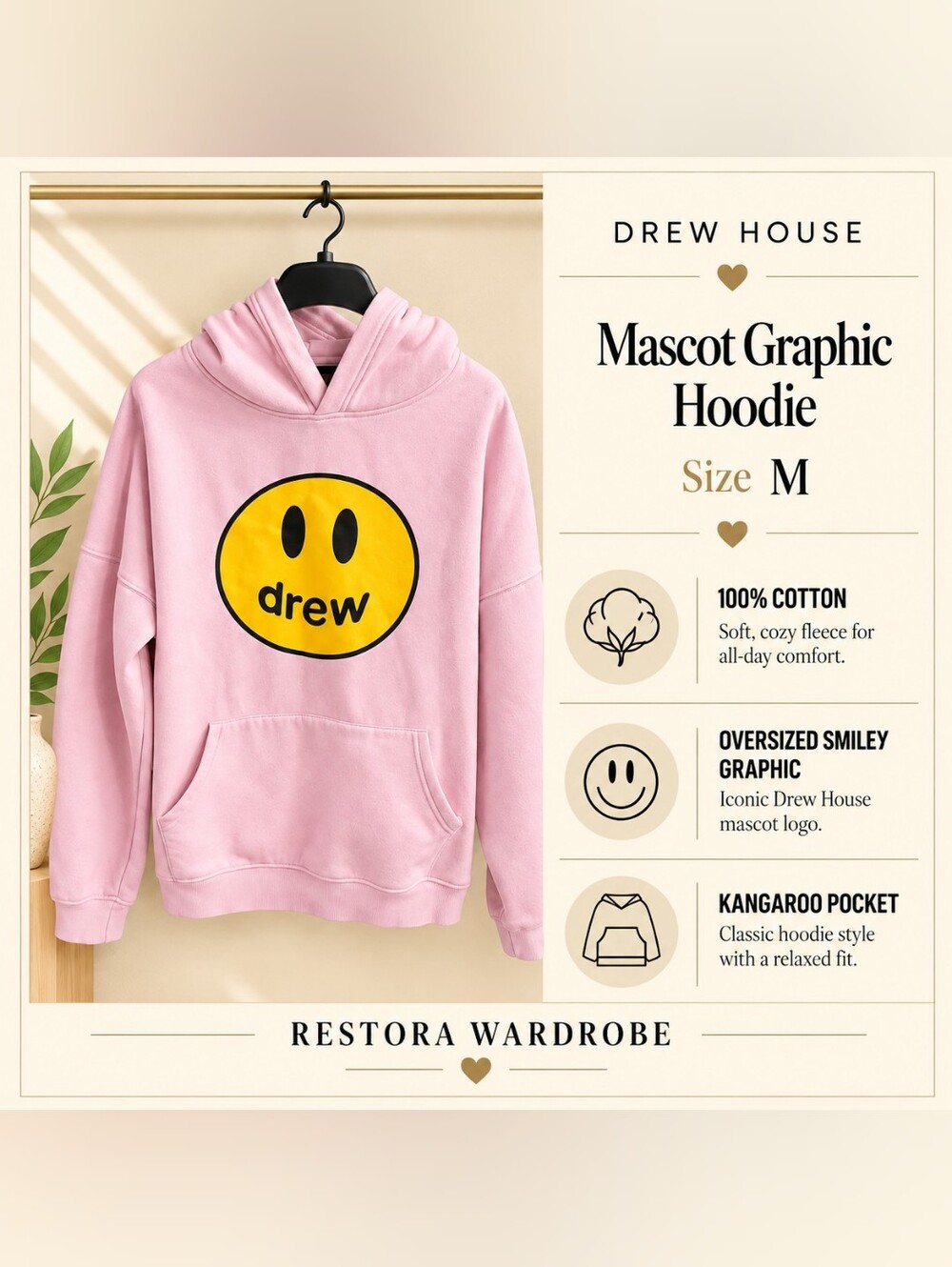 Drew House Mascot Hoodie Light Pink Smiley Graphic Streetwear Size M
